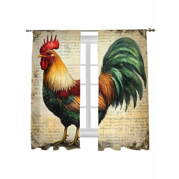 Farmhouse Rooster Sheer Curtains 2 Panels Set Vintage Rustic Country Chicken Lihgt Filtering Rod Pocket Voile Drape, Semi Sheer Window Curtains for Bedroom Living Room, 52"x63"