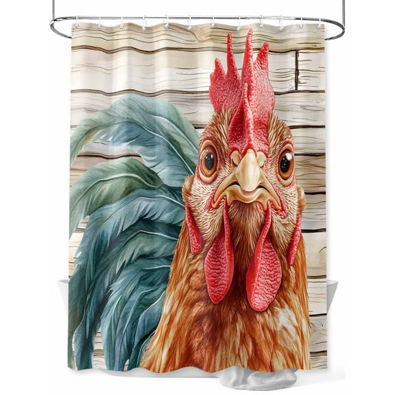 Farmhouse Rooster Shower Curtain, Rustic Wood Texture Bathroom Decor Curtains Set with Hooks, Red Brown Waterproof Fabric Home Accessories, 72 X 78 Inch Long