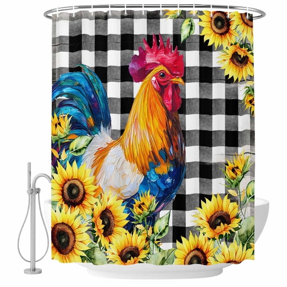 Farmhouse Rooster Shower Curtain, Waterproof Shower Curtains for Bathroom, Black Plaid Botanical Sunflower Floral Washable Fabric Bathtub Curtain Set Bath Decor with 12 Hooks Long 72"x84"