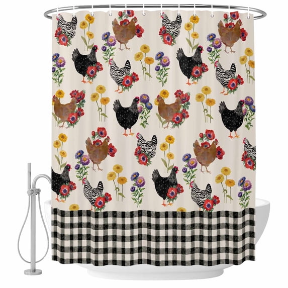 Farmhouse Rooster Shower Curtain, Waterproof Shower Curtains for Bathroom, Vintage Watercolor Flowers Black Plaid Washable Fabric Bathtub Curtain Set Bath Decor with 12 Hooks Long 72"x84"