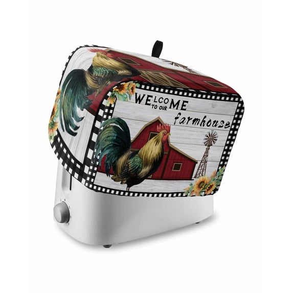Farmhouse Rooster Small Toaster Cover 2 Slice, Kitchen Appliance Covers, Rustic Red Barn Windmill Sunflowers Toaster Oven Cover with Loop, Bread Machine Cover Polyester Dust Cover Protection