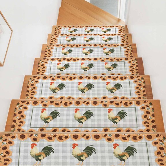 Farmhouse Rooster Stair Treads Non Slip for Steps Vintage Yellow Sunflowers Border Rustic Grey Plaid 15 Pcs Reusable Adhesive Stair Runner Mats for Pet Elders Carpet Treads Rugs for Staircase 8x30 In