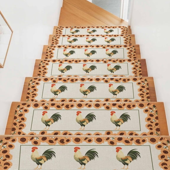 Farmhouse Rooster Stair Treads Non Slip for Steps Vintage Yellow Sunflowers Border Rustic Linen Texture 4 Pcs Reusable Adhesive Stair Runner Mats for Pet Carpet Treads Rugs for Staircase 8x30 In