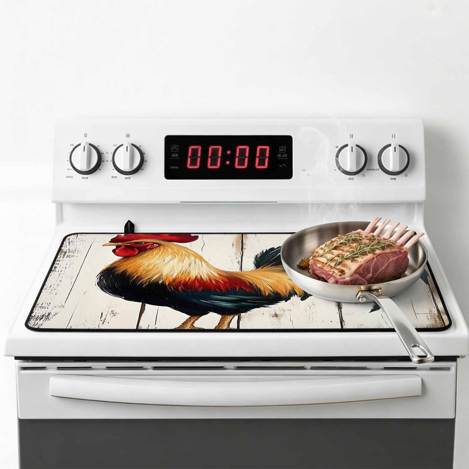 Farmhouse Rooster Stove Top Cover for Electric Stove, Heat-proof & Non Slip Glass Top Stove Cover Protector, Vintage Farm Animals Green Red Kitchen Flat Cooktop Rubber Mat 24x21 Inches