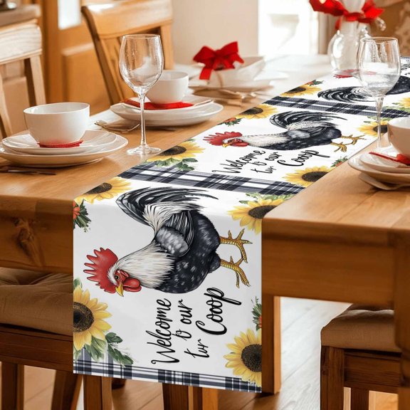 Farmhouse Rooster Sunflower Table Runner 36 Inches Long,Kitchen Dining Tablerunners Rustic Flower Buffalo Plaid Linen Table Runners Dresser Scarves for Home Dinner Wedding Holiday Party Decor