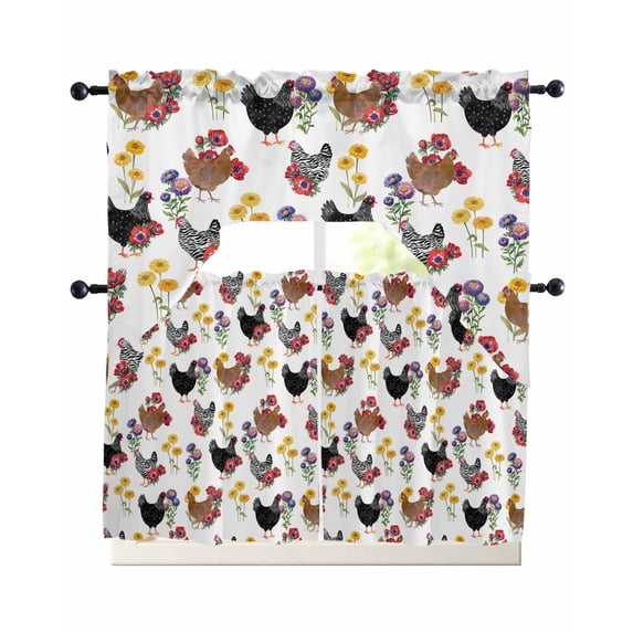 Farmhouse Rooster Swag Kitchen Curtains Sets for Windows 24 Inch Length, Country Watercolor Flowers Wood Grain Short Window Curtain Panels Swags Valances and Tiers 3 Piece Set for Cafe/Dining Room