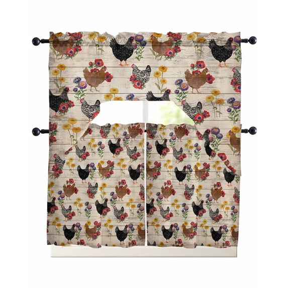 Farmhouse Rooster Swag Kitchen Curtains Sets for Windows 24 Inch Length, Vintage Watercolor Flowers Wood Grain Short Window Curtain Panels Swags Valances and Tiers 3 Piece Set for Cafe/Dining Room