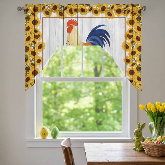 Farmhouse Rooster Swag Valances for Kitchen Window, Vintage Yellow Sunflowers Border Rustic Wood Grain Small Swag Valances Rod Pocket Curtain Drapes Window Treatment for Bedroom Bathroom, 56x36 Inch