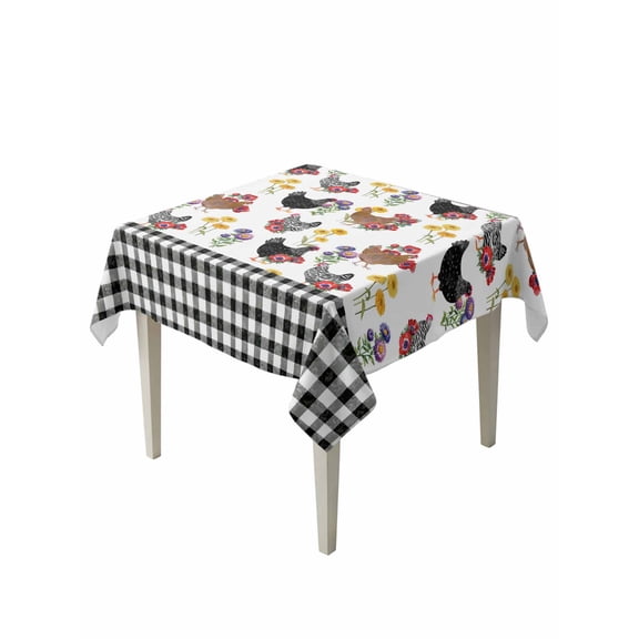 Farmhouse Rooster Table Cloth, Waterproof Tablecloth for Square Tables, Country Watercolor Flowers Black Plaid Reusable Washable Fabric Table Cover for Restaurant Kitchen Dining Tables 54"x54"