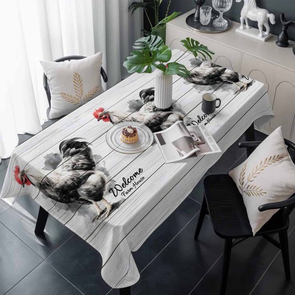 Farmhouse Rooster Table Cloth Waterproof Tablecloths, Country Animals Grey Wooden Grain Tablecloth Dining Table Cover for Kitchen Party Tabletop Outdoor, Rectangle Tablecloth 60x120 Inch