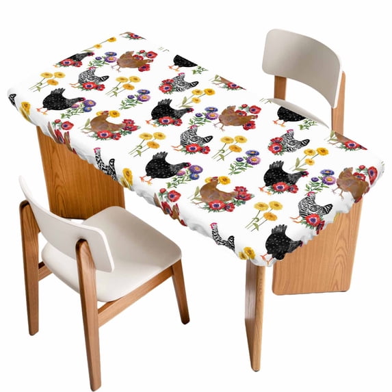 Farmhouse Rooster Table Cloths for 4 Foot Rectangle Tables, Country Watercolor Flowers Wood Grain Patio Waterproof Elastic Fitted Tablecloths, Washable Rectangular Table Cover for Camping