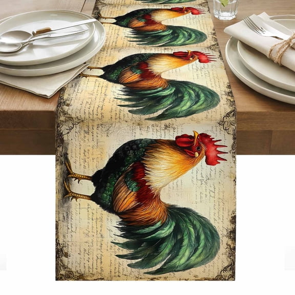 Farmhouse Rooster Table Runner 13 x 36 Inch, Vintage Rustic Country Chicken Washable Cotton Linen Dining Table Runner Tabletop Decorations for Restaurant Home Kitchen Party