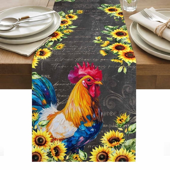 Farmhouse Rooster Table Runner - 70 Inch Long, Kitchen Dining Table Runner Dresser Scarves, Black Retro Botanical Sunflower Floral Farmhouse Decor for Coffee Tables Wedding Party Banquet