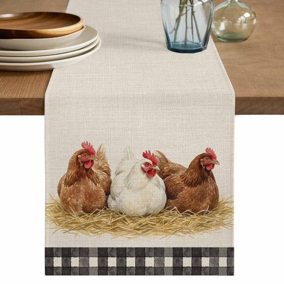 Farmhouse Rooster Table Runner, Country Chicken Animals Vintage Buffalo Check Washable Cotton Linen Table Runners 48 Inches Long, Dresser Scarf Runner for Nightstand/Coffee/End Tables 13''x48''