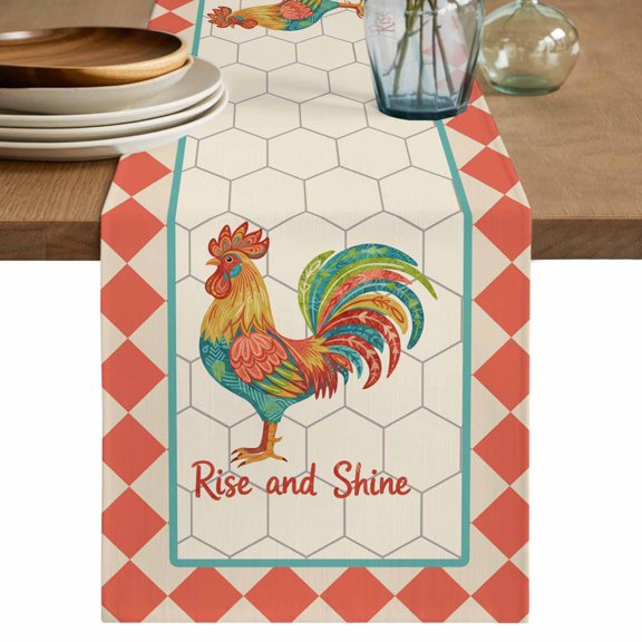 Farmhouse Rooster Table Runner, Orange Beige Plaid Geometric Country Washable Cotton Linen Table Runners 36 Inches Long, Dresser Scarf Runner for Nightstand/End Tables/Round Tables 13''x36''