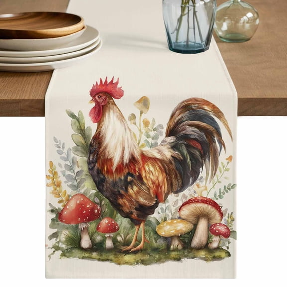 Farmhouse Rooster Table Runner, Rustic Farm Mushroom Eucalyptus Leaves Washable Cotton Linen Table Runners 36 Inches Long, Dresser Scarf Runner for Nightstand/End Tables/Round Tables 13''x36''