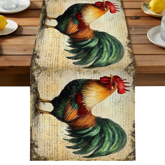 Farmhouse Rooster Table Runner, Vintage Rustic Country Chicken Cotton Linen Table Cloth, Tablerunner for Kitchen Dining Party Wedding Home Decor 13x36 Inch