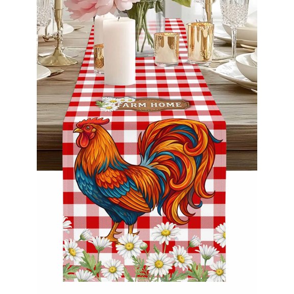 Farmhouse Rooster Table Runners 48 Inches Long Cock Chicken Daisy Flower Plaid Red Kitchen Dining Table Runner Dresser Scarves for Party Coffee Holiday Party Decor