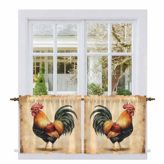 Farmhouse Rooster Tier Curtains, Retro Country Watercolor Animal Light Filtering Kitchen Curtains, 2Pcs Rod Pocket Half Window Treatments Panels for Sink Cafe Cabinet Camper 27.5x24 Inches