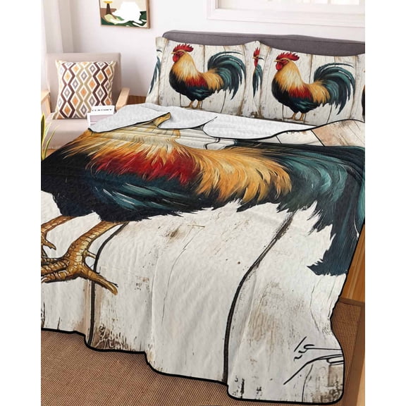Farmhouse Rooster Twin Size Down Alternative Comforter, Lightweight Comforter Quilt Bedding Set with Pillow Shams Vintage Farm Animals Green Red All Seasons Bed Comforter Duvet Insert 68"x86"