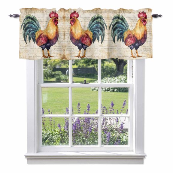 Farmhouse Rooster Valances for Windows Retro Animal Rod Pocket Cafe Window Treatments Valance Curtains for Kitchen Bathroom Laundry Basement Windows 60"x18"