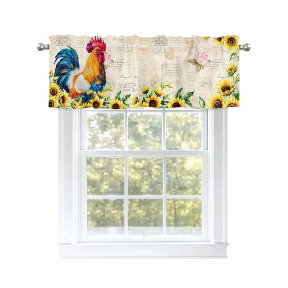 Farmhouse Rooster Valances for Windows, Rod Pocket Kitchen Valance Curtains - Soft & Washable Small Window Treatment for Living Room,&nbsp;Bathroom, Sunflower Country Barn, 54x18inch