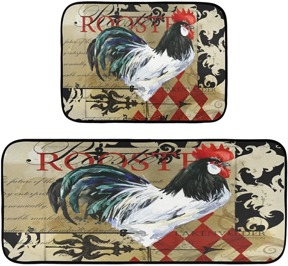 Farmhouse Rooster Vintage Kitchen Rugs and Mats Set 2 Piece Non Slip