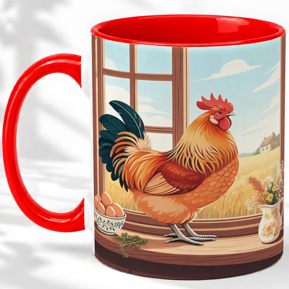 Farmhouse Rooster Window Coffee Mug, Country Rooster Mug, Morning Coffee by Kitchen Window, Hen with Eggs and Wheat Field, Ceramic Cup Decor, Rustic Farm Art, Rural Chicken Keepers