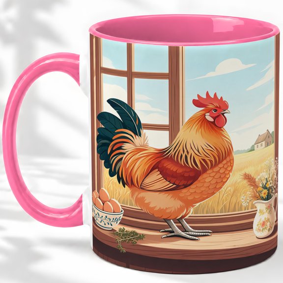 Farmhouse Rooster Window Coffee Mug, Country Rooster Mug, Morning Coffee by Kitchen Window, Hen with Eggs and Wheat Field, Ceramic Cup Decor, Rustic Farm Art, Rural Chicken Keepers