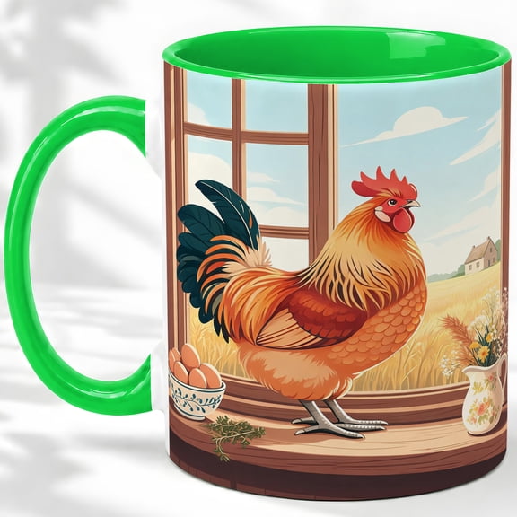 Farmhouse Rooster Window Coffee Mug, Country Rooster Mug, Morning Coffee by Kitchen Window, Hen with Eggs and Wheat Field, Ceramic Cup Decor, Rustic Farm Art, Rural Chicken Keepers