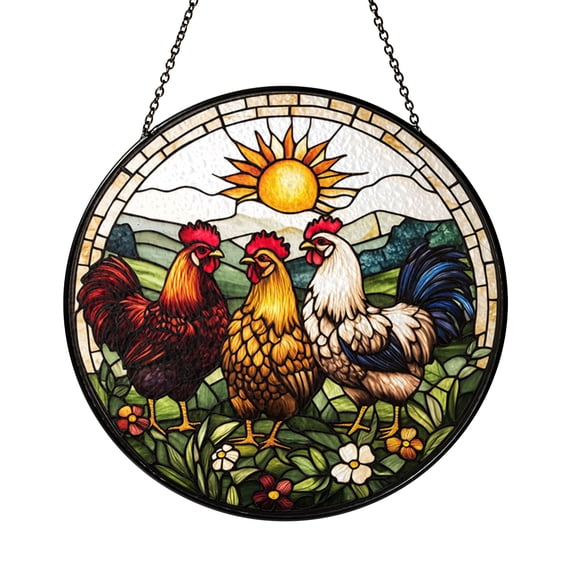 Farmhouse Rooster Window Hanging Suncatcher, Stained Glass Style Chicken Art, Rustic Barnyard Decorative Panel for Country Kitchen Home Decor
