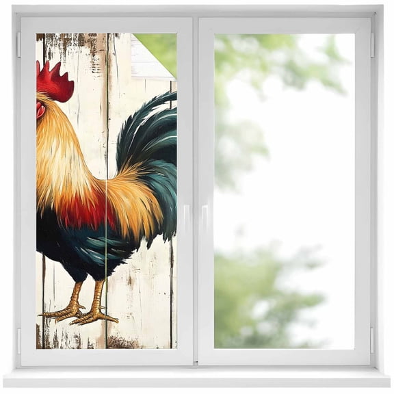 Farmhouse Rooster Window Privacy Film, Vintage Farm Animals Green Red Static Cling UV Sun Blocking Heat Control Window Tint Day and Night, Non-Adhesive One Way Windows Privacy Cover 17.7''x39.3''