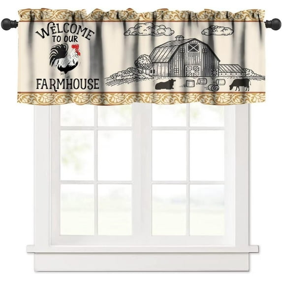 Farmhouse Rooster Window Valance,Cottage Pastoral Style Vintage Rustic Chicken Cow Print Rod Pocket Valances Curtains for Bedroom Bathroom Living Room Kitchen Cafe,54x18in