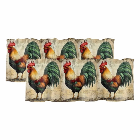 Farmhouse Rooster Window Valance, Vintage Rustic Country Chicken 2 Pack Decorative Curtain for Small Windows, Light Filtering Valance with 3” Rod Pocket, 42"W x 12"L