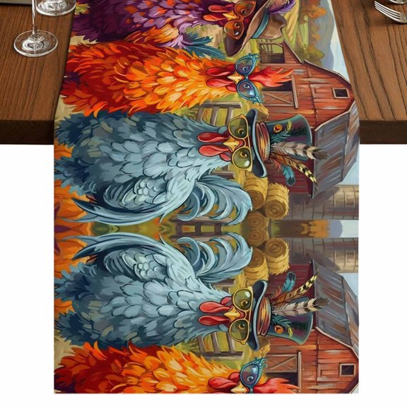 Farmhouse Roosters Burlap Cotton Table Runner 13x60 Inches Long, Colorful Country Animals Barn Farmhouse Table Runners, Outdoor Dining Table Decor for Baby Shower/Party/Wedding