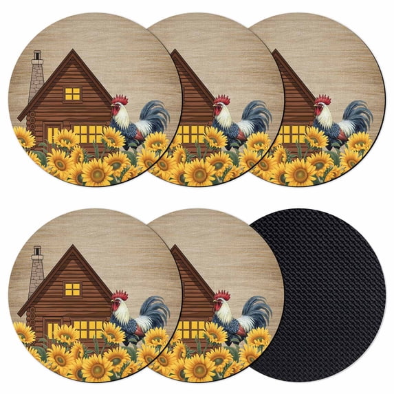 Farmhouse Roosters Coasters Set of 6, Absorbent Coasters for Drinks, Vintage Sunflowers Farm Countryside Coaster for Desk Coffee Table Protection, Home Decor House Warming Gifts 4"