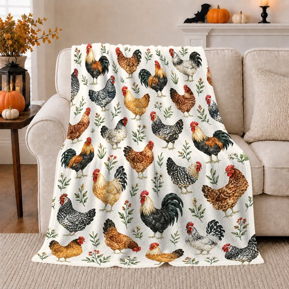 Farmhouse Roosters Country Farm Whimsical, Cozy Friendship Quote Scene, Warm Flannel Blanket for Ranch House and Living Room, Art Lovers Thanksgiving Gift, Artistic Home Decor