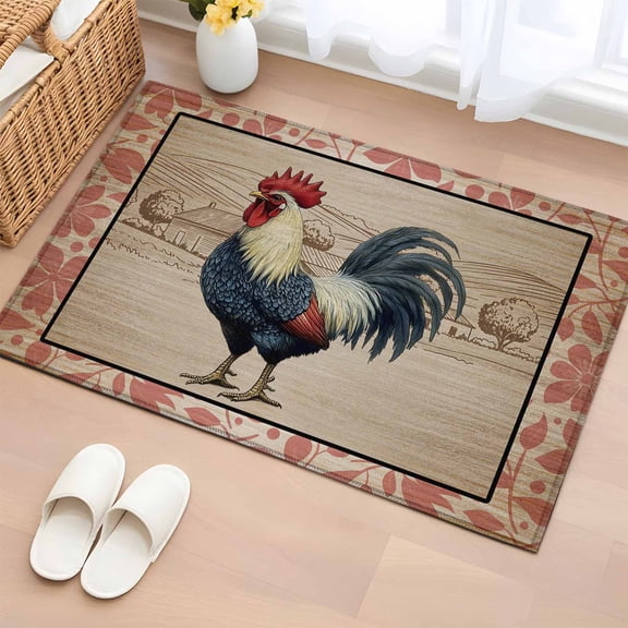 Farmhouse Roosters Entryway Rug 2'x3' Non Slip Front Door Mats, Countryside Farm Chicken Pink Leaves Entrance Rugs Indoor Outdoor Carpet, Washable Floor Mats Small Area Rug for Bedroom Kitchen