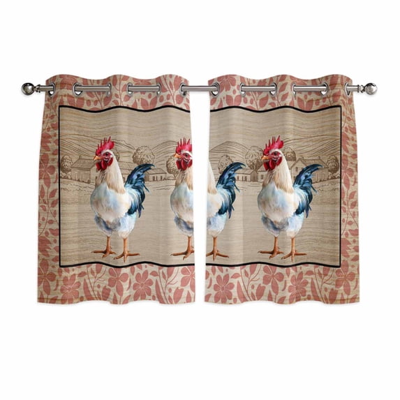 Farmhouse Roosters Kitchen Curtains Window Panels, Vintage Farm Chicken Pink Leaves Insulated Window Treatment Curtain, Grommet Curtains for Bedroom/Living Room/Bathroom, 2 Piece 52"Wx45"L