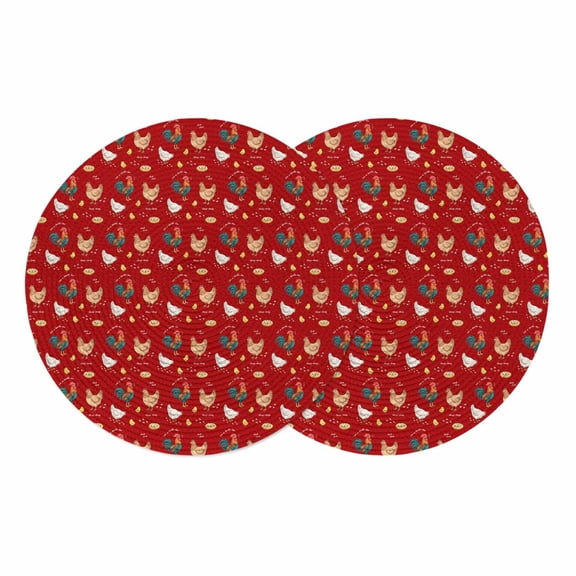 Farmhouse Roosters Round 13 Inch Placemats Set of 2, Modern Abstract Country Animals Red HeatResistant Non Slip Place Mats for Dining Table, Wipeable Braided Kitchen Table Mats for Housewarming