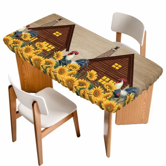 Farmhouse Roosters Table Cloths for 3 Foot Rectangle Tables, Vintage Sunflowers Farm Countryside Patio Waterproof Elastic Fitted Tablecloths, Washable Rectangular Table Cover for Camping