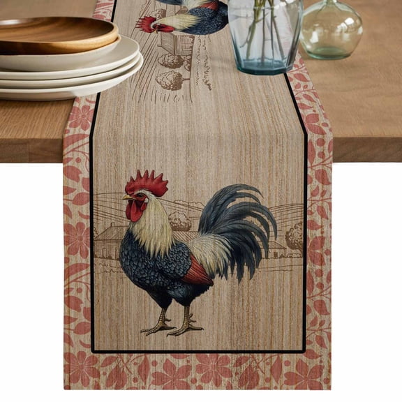 Farmhouse Roosters Table Runner, Countryside Farm Chicken Pink Leaves Washable Cotton Linen Table Runners 36 Inches Long, Dresser Scarf Runner for Nightstand/End Tables/Round Tables 13''x36''