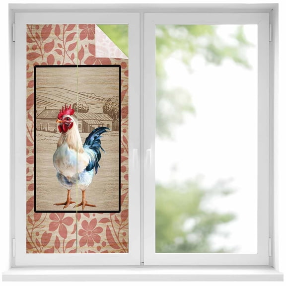 Farmhouse Roosters Window Privacy Film, Vintage Farm Chicken Pink Leaves Static Cling UV Sun Blocking Heat Control Window Tint Day and Night, Non-Adhesive One Way Windows Privacy Cover 17.7''x39.3''
