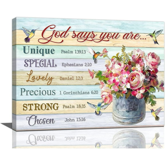 Farmhouse Rose Wall Art Rusitc God Say You are Flower Hummingbird Pictures Wall Decor Scripture Quotes Canvas Painting Print Artwork Home Decor Framed for Living room Bedroom Bathroom 16"×12"