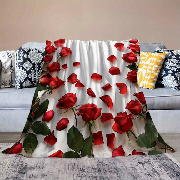 Farmhouse Roses Throw Blanket for Couch and Bed, Beautiful Flowers Petals Modern Flannel Throw Blankets Soft Comfy Lightweight for Home Decor Couch Bed-280GSM