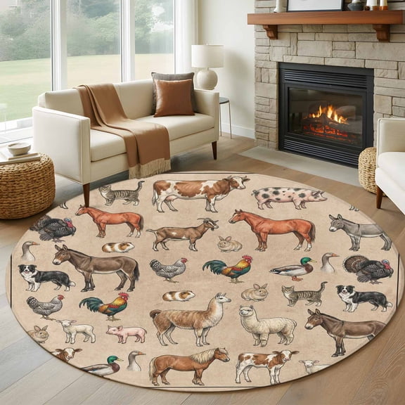 Farmhouse Round Area Rug 7Ft Washable Circle Rugs for Dorm Laundry Room, Vintage Country Farm Animals Brown Non-Slip Carpet Floor Mats Indoor Outdoor Carpet Runner Aesthetic Home Decor