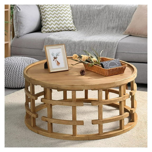 Farmhouse Round Coffee Table, French Country Sofa Tables,Rustic Soild Wood Finish with Openwork Pattern and Curved Frame Base, Boho Handcrafted Wooden Coffee Table for Living Room, Natural