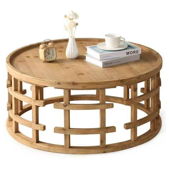 Farmhouse Round Coffee Table, French Country Sofa Tables,Rustic Soild Wood Finish with Openwork Pattern and Curved Frame Base, Boho Handcrafted Wooden Coffee Table for Living Room, Natural
