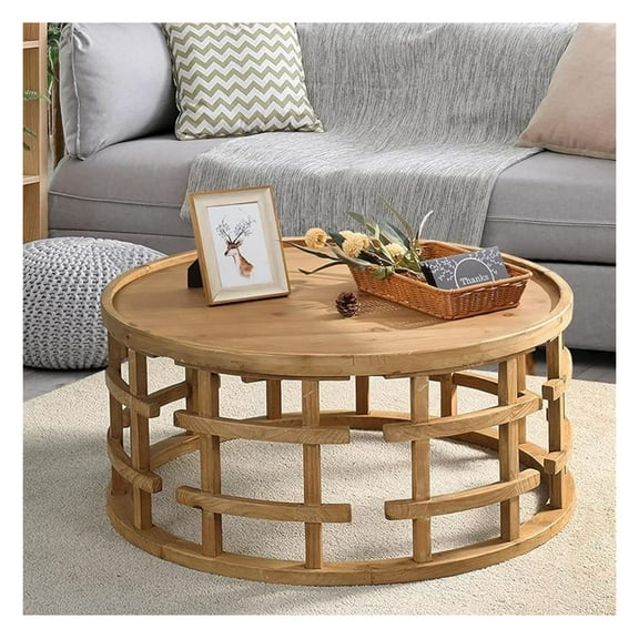Farmhouse Round Coffee Table, French Country Sofa Tables,Rustic Soild Wood Finish with Openwork Pattern and Curved Frame Base, Boho Handcrafted Wooden Coffee Table for Living Room, Natural