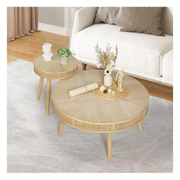 Farmhouse Round Coffee Table, Rustic Sofa Side Tea Tables Nesting Center Table Set with Handmade Rattan for Living Room, French Country Decor, Natural, 2Pack